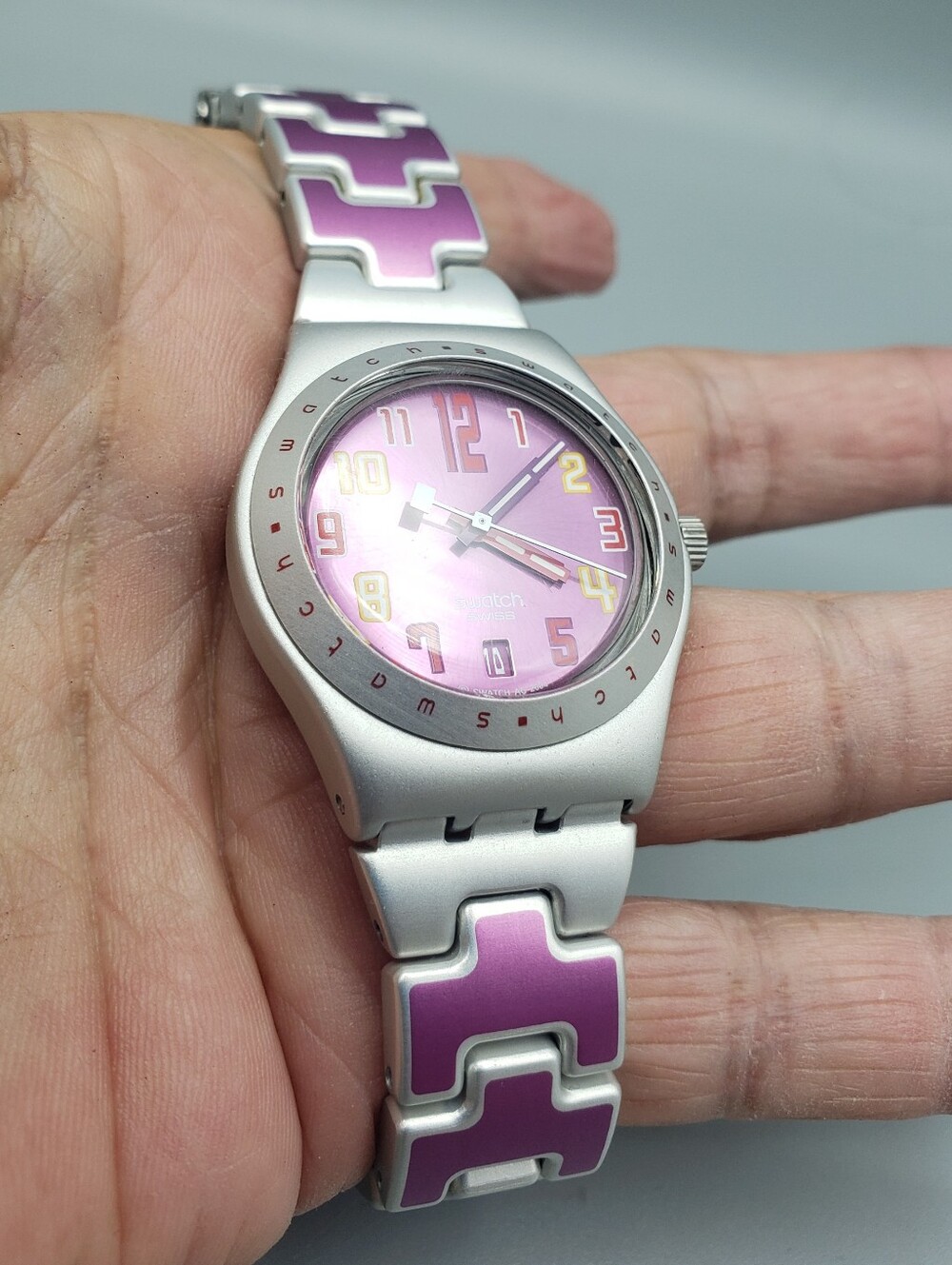 Swatch Swiss Purple Dial w/Silver Irony - Don't Cross the Line - NEW Battery